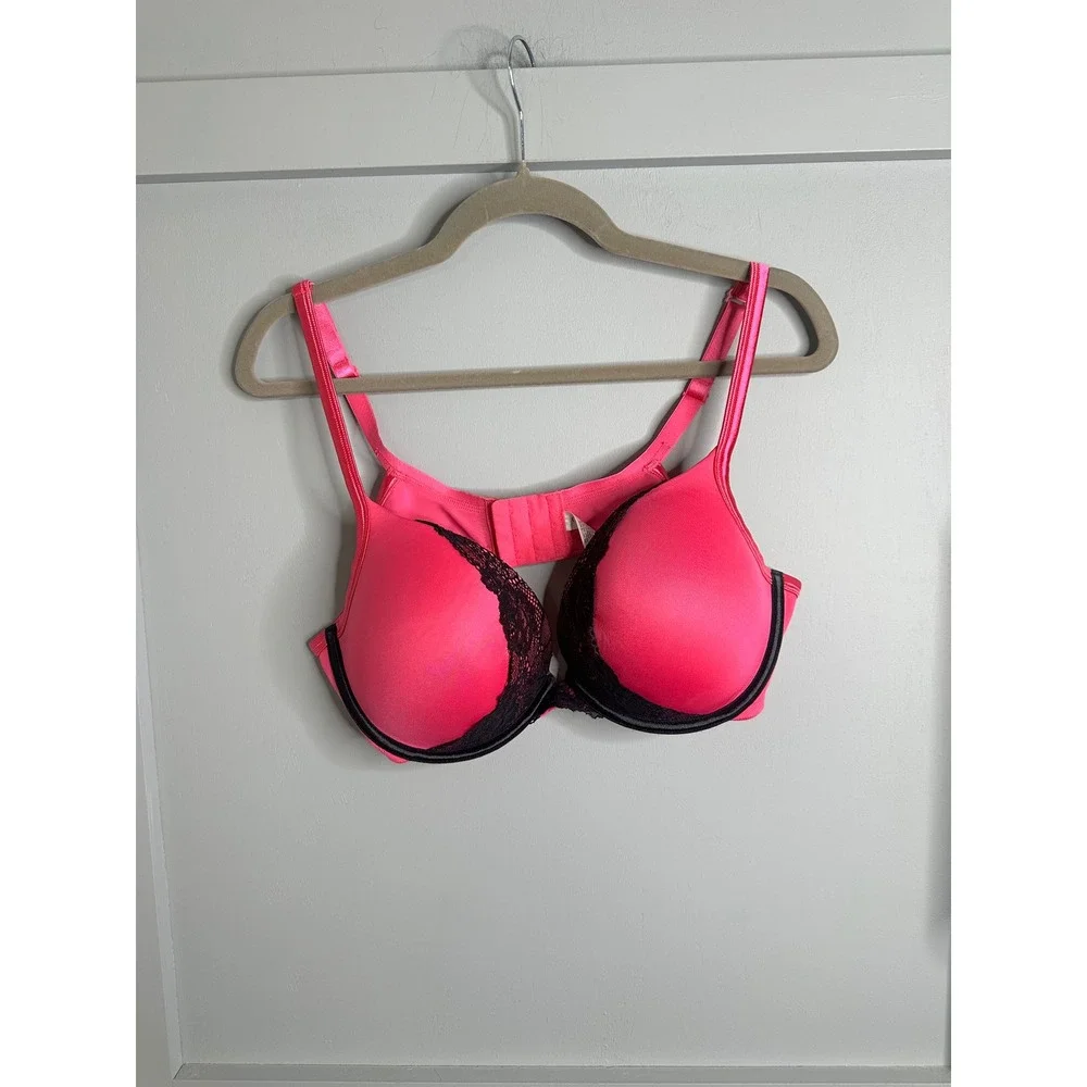 Cacique Neon Pink Black Lace Trim Plunge Underwire Padded Bra 42C DG11071527